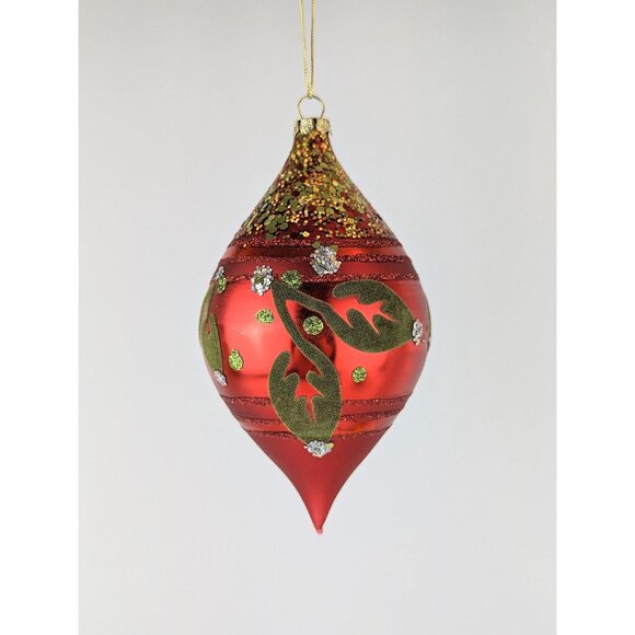 Pair Red and Green Glittery Glass Christmas Ornaments Round Ball Teardrop Felted - Picture 10 of 10